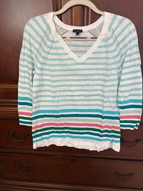Talbots White & Aqua Striped V-Neck Women's Top